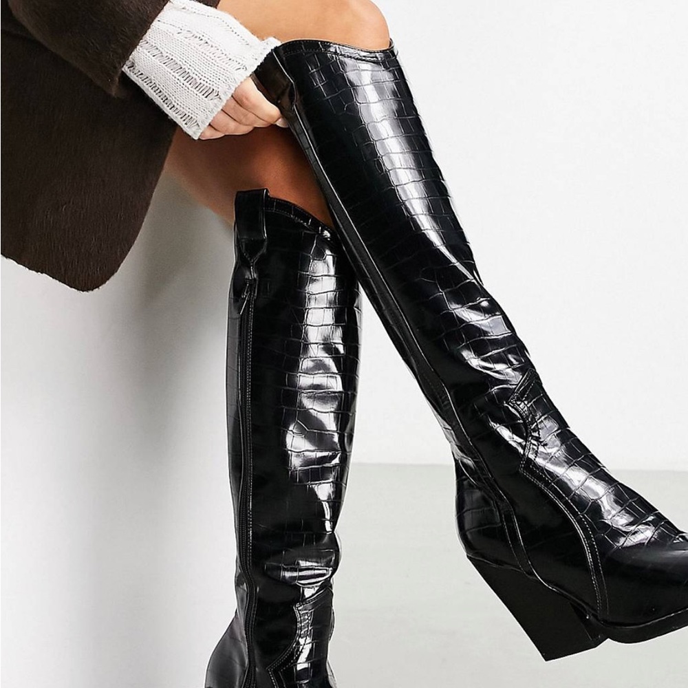 ASOS Design western knee boots in black croc